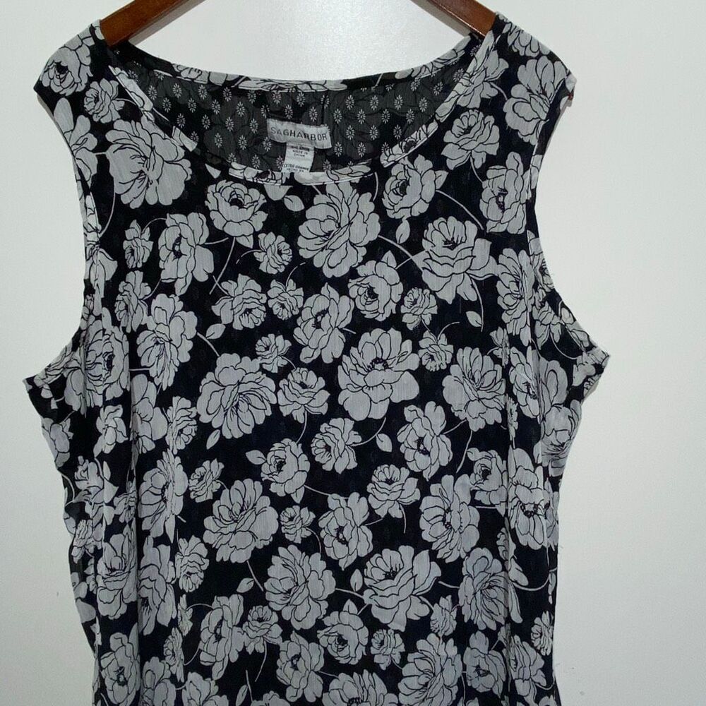 Sag Harbor Women's Black White Floral Print Round Neck Sleeveless Top Size XL